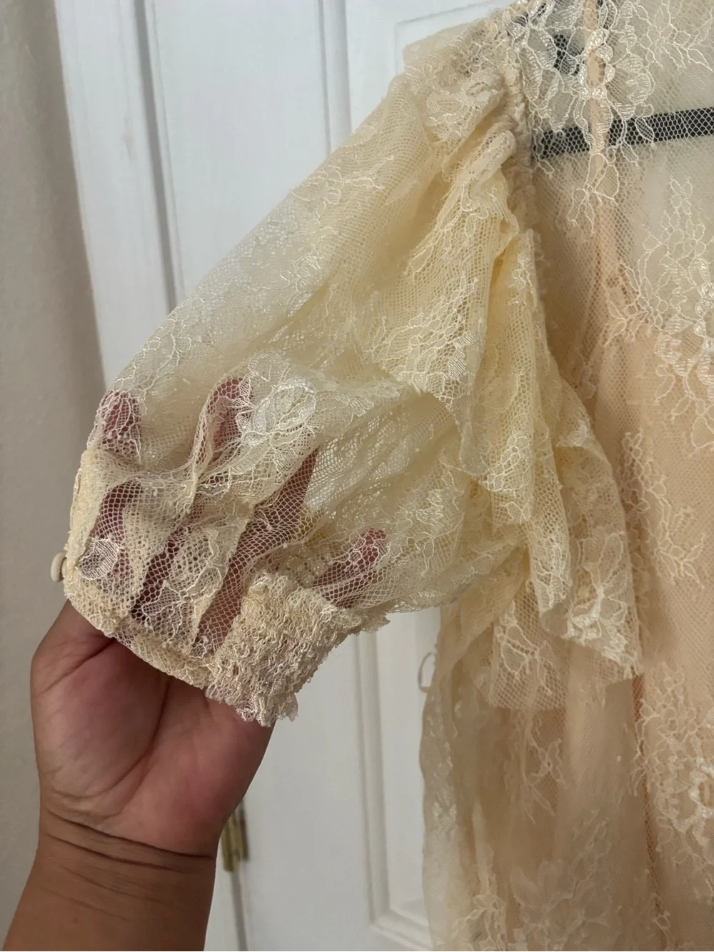 Free People Sheer Lace Puff-Sleeve Blouse - Cream NWOT